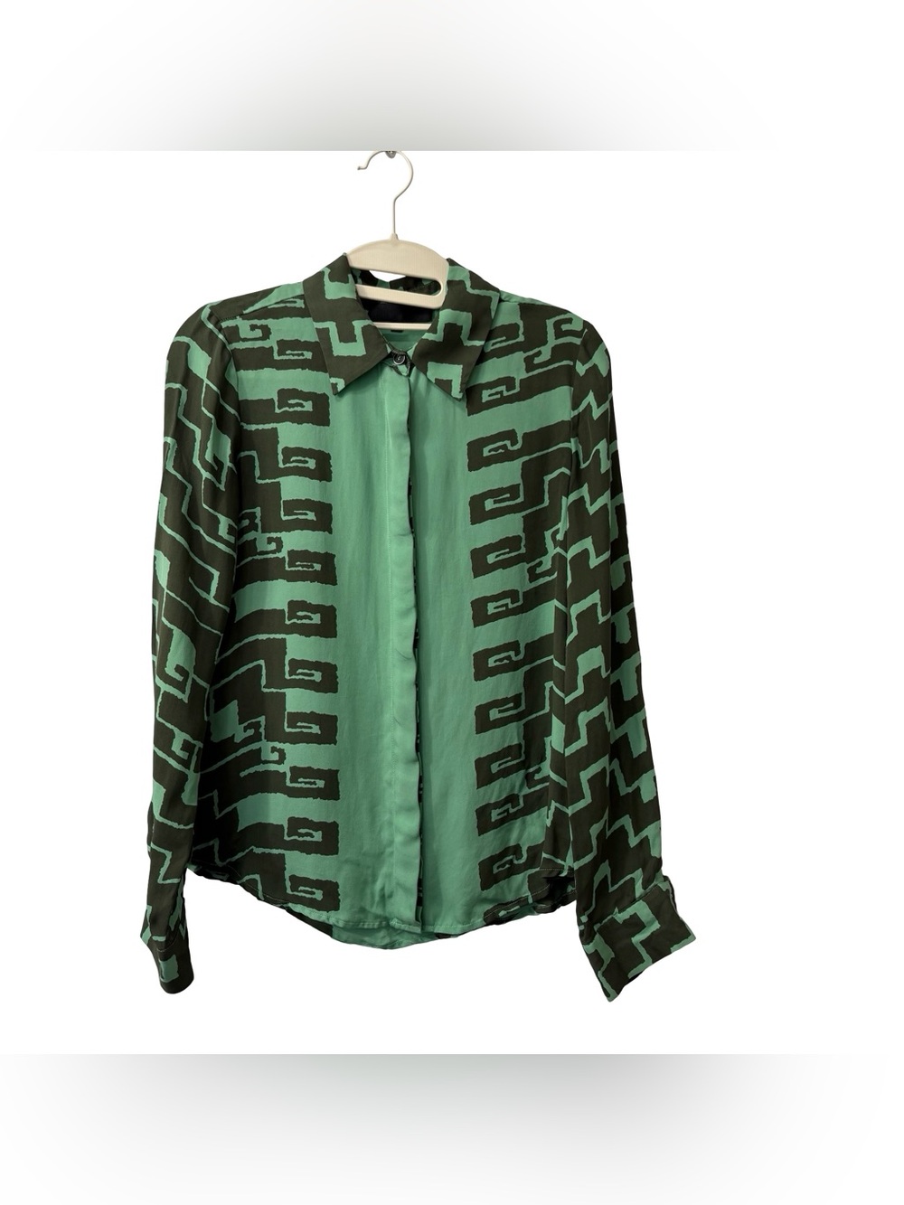 kelly wearstler Button Down 100% Silk Top Green Abstract Artsy Size 2